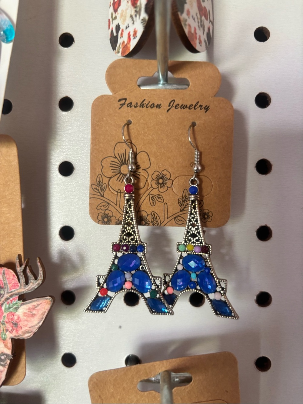 Eiffel Tower Dangle Earrings with Blue Gem Accents